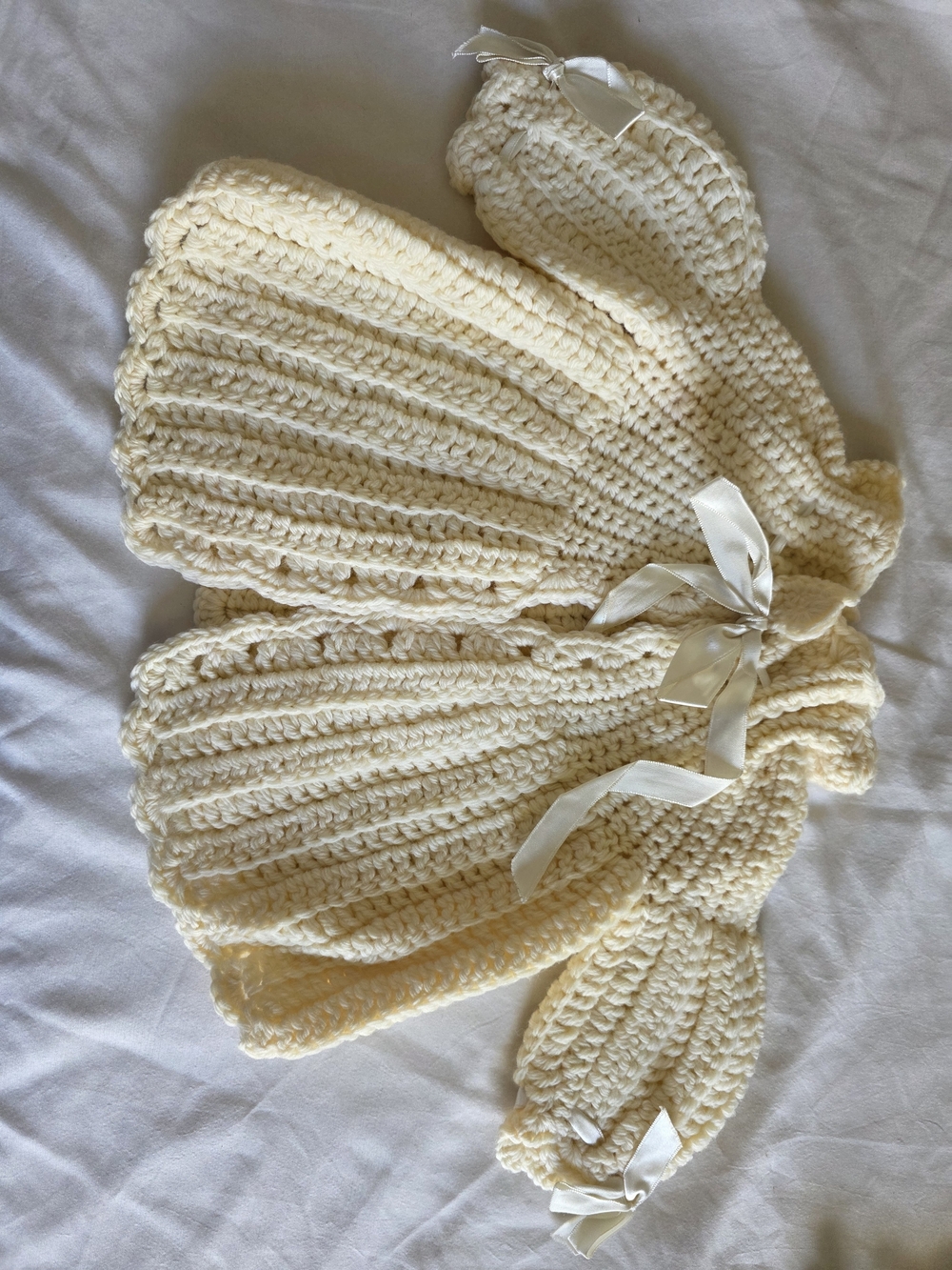 Handmade Cream Crochet Baby Sweater with Ribbon Ties